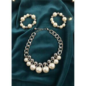 Chunky Imitation Pearl Statement Necklace Bracelet Set Silver Tone Cream 21"